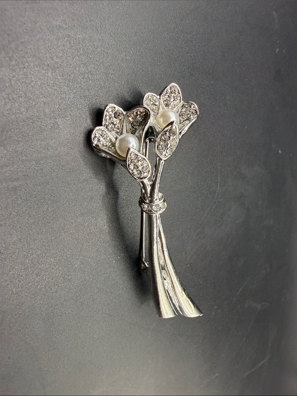 Silver Floral Pearl Accent Brooch - Elegant Silver Tone